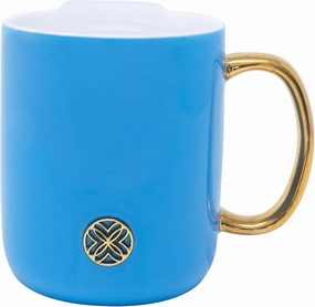 Lilly Pulitzer Ceramic Coffee Mug, 13 Oz Tea Cup with Silicone Lid and Gold Logo, Cute Mug with Gold Handle (Blue Stream)