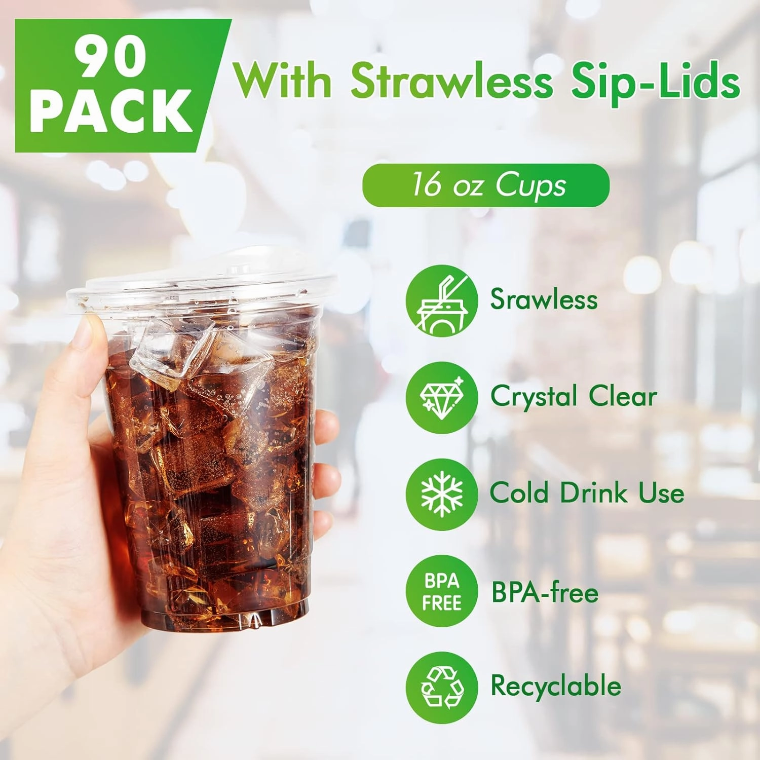 Lilymicky 16oz Clear Plastic Drinking Cups (90 Pack) with Strawless Sip Lids, Disposable Cups for Iced Coffee, Smoothie, Slurpee, or Any Cold Drinks