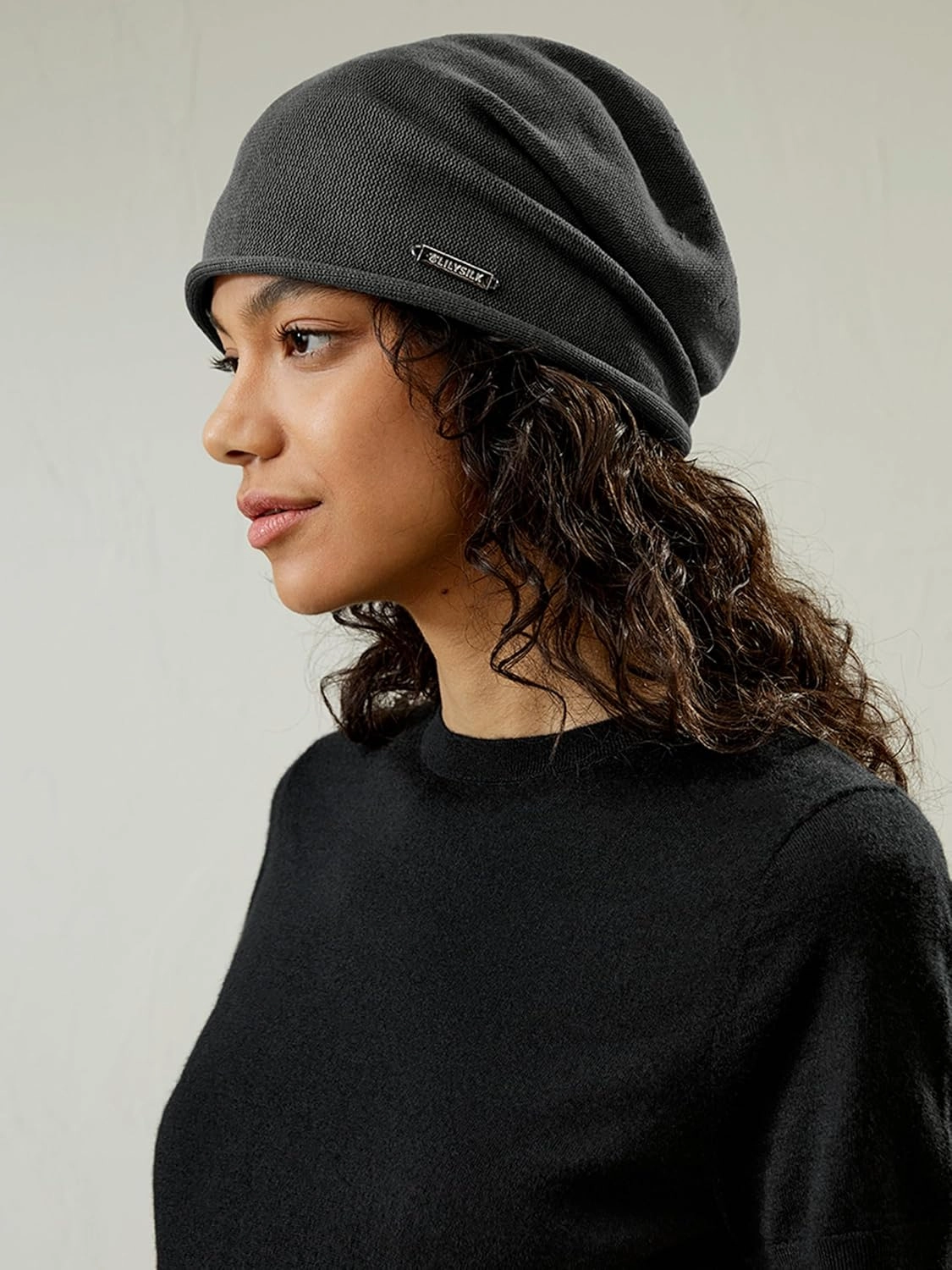 LilySilk Silk Knitted Slouchy Beanie Breathable Curly Hair Thin Women Men Stretch Skull Cap Slap Soft Comfortable