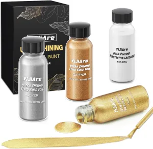 Liquid Gold Leaf Paint Set, Alcohol-Based Metallic Gold Paint, Ultra Shiny Gold, Bronze, Silver Leaf Paint with Varnish, Quick-Drying Gilding Paint for Crafts, DIY, and Resin Projects, 4 pcs x 1 fl oz