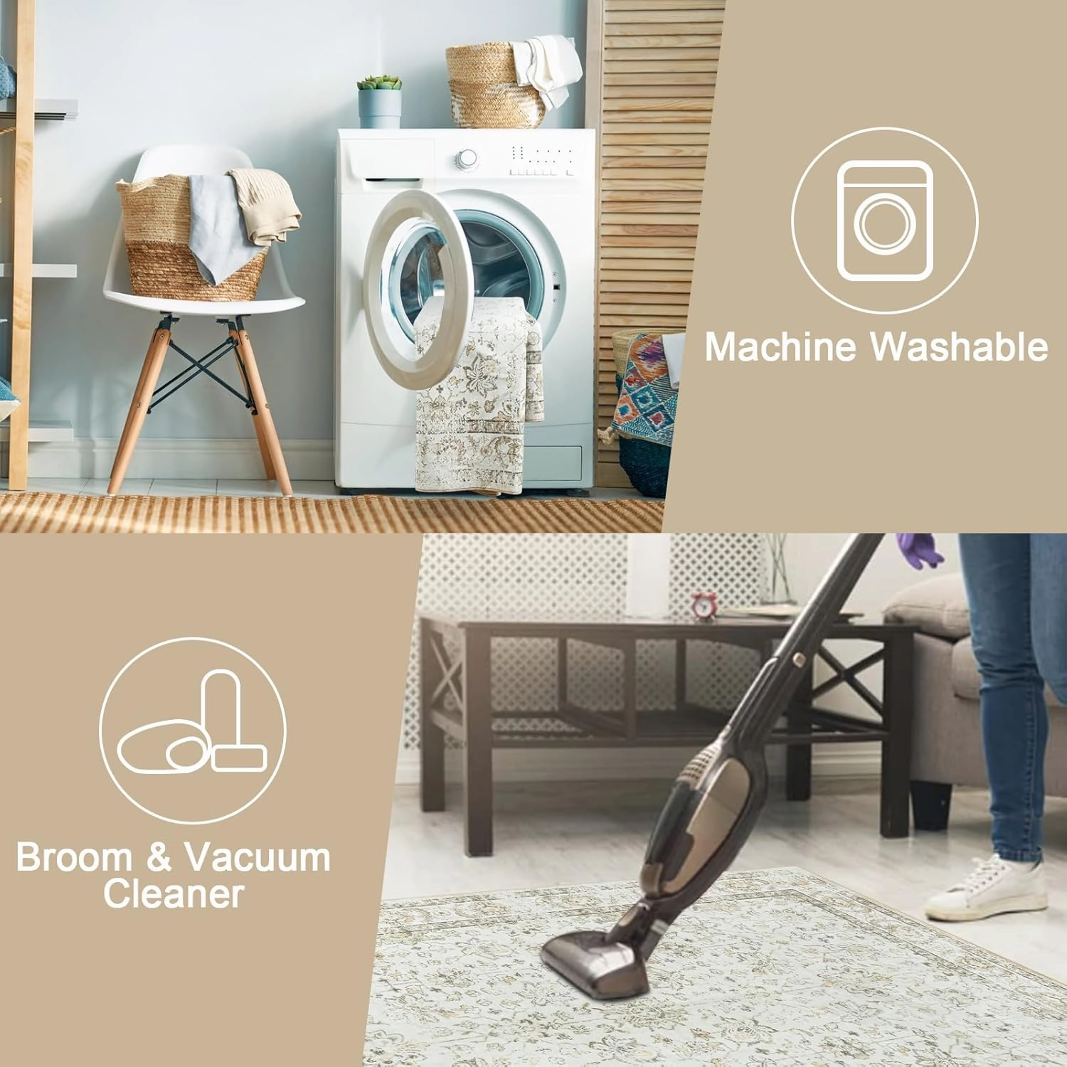 LIVEBOX 5x7 Washable Area Rug for Living Room, Soft Neutral Area Rug Non-Shedding Cream Rug for Bedroom, Boho Floral Beige Rug for Dining Room, Large Distressed Farmhouse Rugs for Bedroom