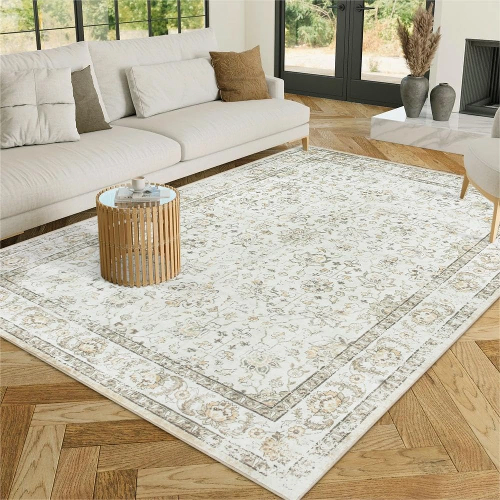 LIVEBOX 5x7 Washable Area Rug for Living Room, Soft Neutral Area Rug Non-Shedding Cream Rug for Bedroom, Boho Floral Beige Rug for Dining Room, Large Distressed Farmhouse Rugs for Bedroom