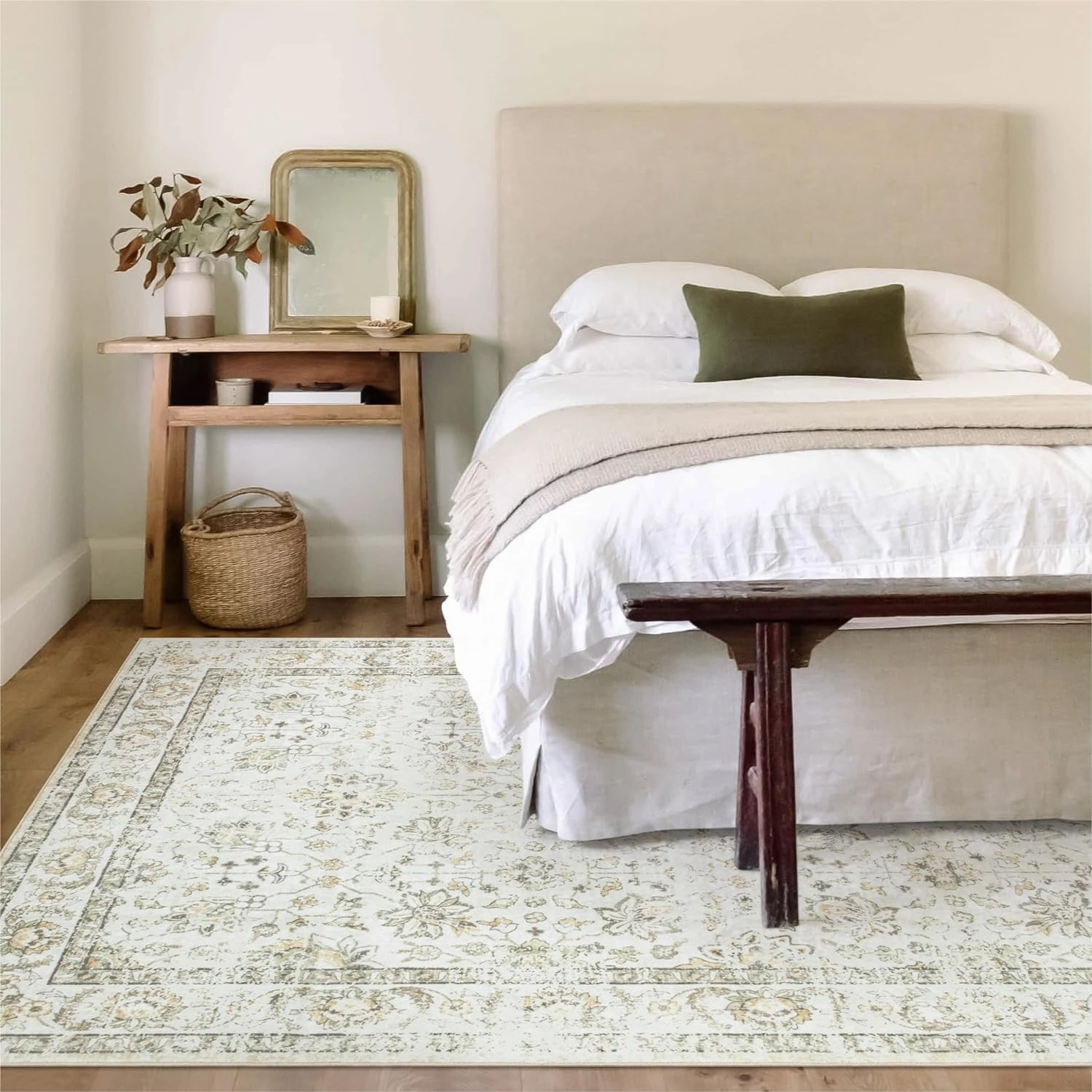 LIVEBOX 5x7 Washable Area Rug for Living Room, Soft Neutral Area Rug Non-Shedding Cream Rug for Bedroom, Boho Floral Beige Rug for Dining Room, Large Distressed Farmhouse Rugs for Bedroom