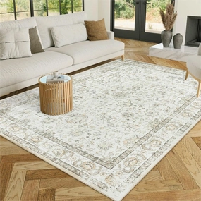 LIVEBOX 5x7 Washable Area Rug for Living Room, Soft Neutral Area Rug Non-Shedding Cream Rug for Bedroom, Boho Floral Beige Rug for Dining Room, Large Distressed Farmhouse Rugs for Bedroom