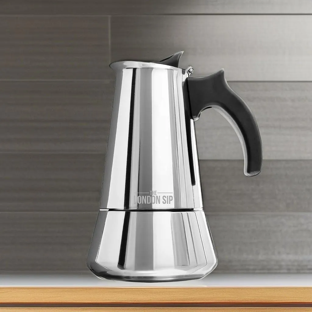 London Sip Stainless Steel Stovetop Espresso Maker Moka Pot Italian Coffee Percolator, Silver, Large (16.9 oz)