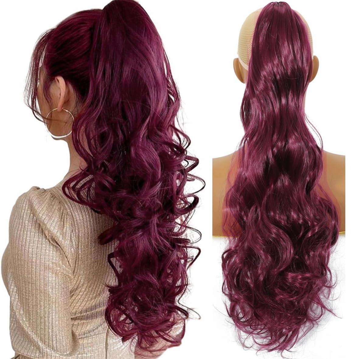 Long Curly PonyTail Hair Extensions 22Inch Burgundy Wavy Ponytail Extension for Women Fluffy Synthetic Clip in Hairpiece for Daily Use(22Inch,BUG#)