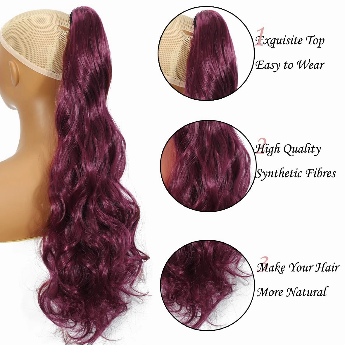 Long Curly PonyTail Hair Extensions 22Inch Burgundy Wavy Ponytail Extension for Women Fluffy Synthetic Clip in Hairpiece for Daily Use(22Inch,BUG#)