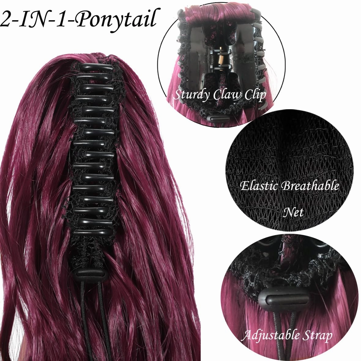 Long Curly PonyTail Hair Extensions 22Inch Burgundy Wavy Ponytail Extension for Women Fluffy Synthetic Clip in Hairpiece for Daily Use(22Inch,BUG#)