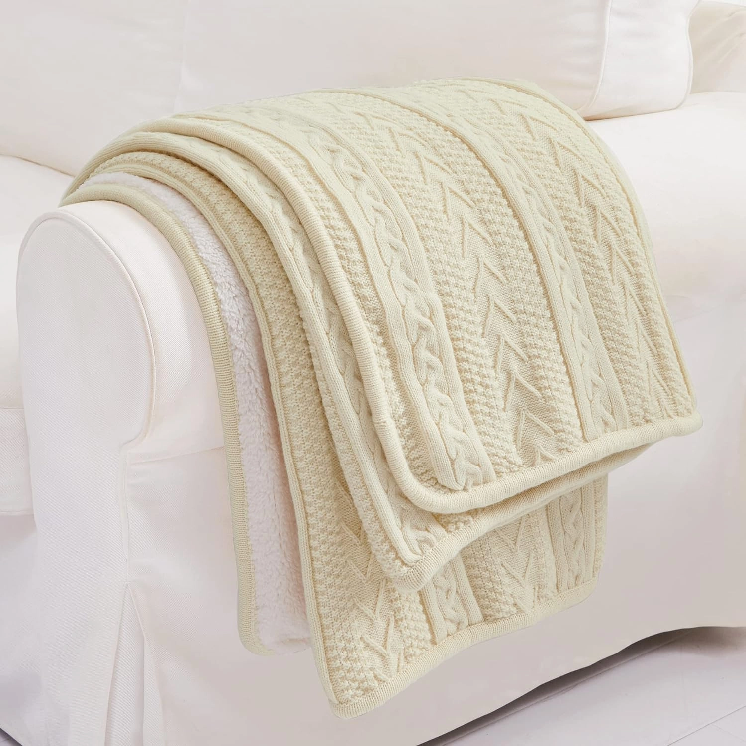 Longhui bedding Cream Acrylic Cable Knit Sherpa Throw Blanket - Thick, Soft, Big, Cozy Knitted Fleece Blankets for Couch, Sofa, Bed - Large 60 x 80 Inches Beige Coverlet All Season