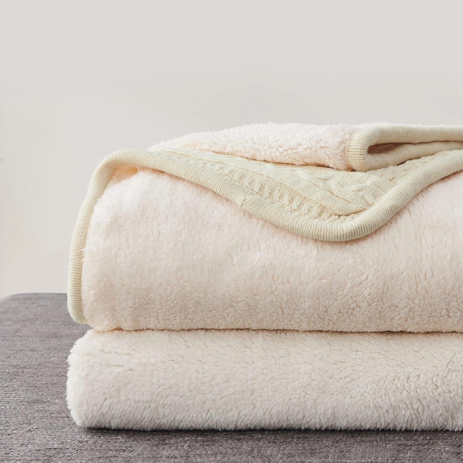 Longhui bedding Cream Acrylic Cable Knit Sherpa Throw Blanket - Thick, Soft, Big, Cozy Knitted Fleece Blankets for Couch, Sofa, Bed - Large 60 x 80 Inches Beige Coverlet All Season