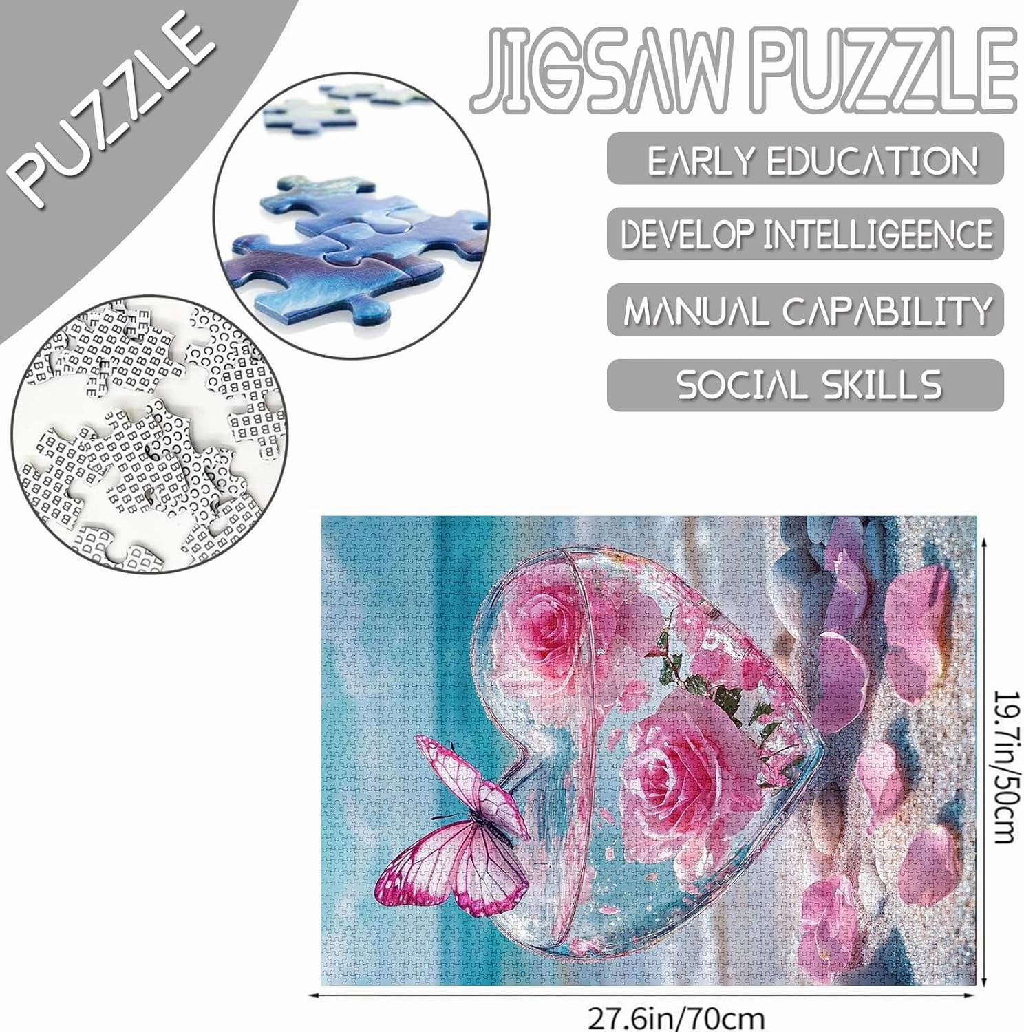 Love Glass Bottle Pink Roses 1000 Pieces Adult Jigsaw Puzzle,Beach Sea Waves Butterfly Perfect for Fun Brain Puzzle Lovers Vibrant Illustrations Quality Pieces Challenging and Relaxing Great Gift Idea