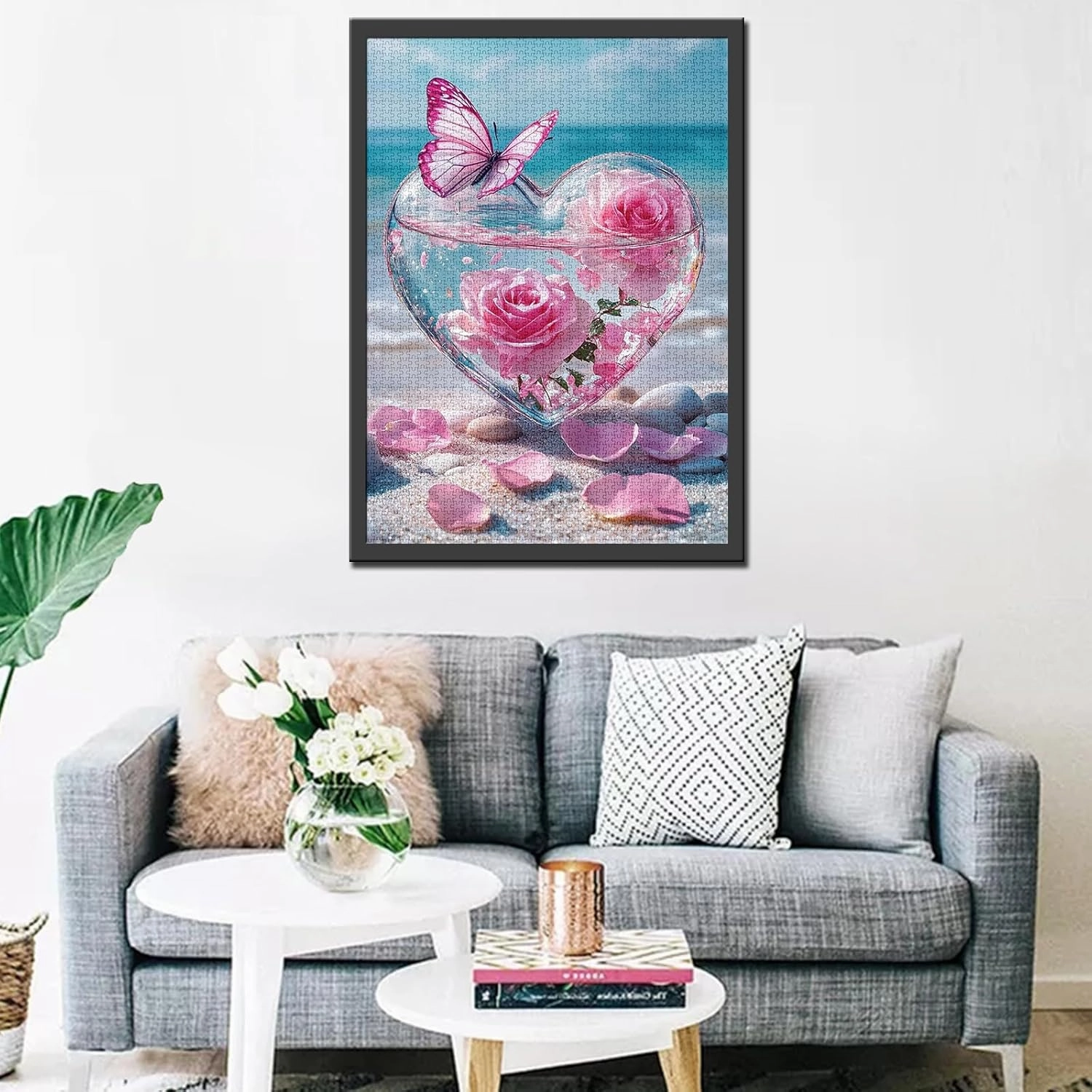 Love Glass Bottle Pink Roses 1000 Pieces Adult Jigsaw Puzzle,Beach Sea Waves Butterfly Perfect for Fun Brain Puzzle Lovers Vibrant Illustrations Quality Pieces Challenging and Relaxing Great Gift Idea