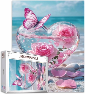Love Glass Bottle Pink Roses 1000 Pieces Adult Jigsaw Puzzle,Beach Sea Waves Butterfly Perfect for Fun Brain Puzzle Lovers Vibrant Illustrations Quality Pieces Challenging and Relaxing Great Gift Idea