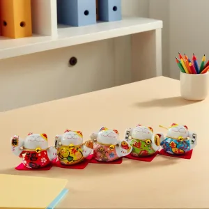 Lucky Statue Cat Chinese Ceramic Figurines Set,5 Mini Fortune Cats Set Decor, Small Desk Ornament, Asian Idea Collection with PVC Gift Box