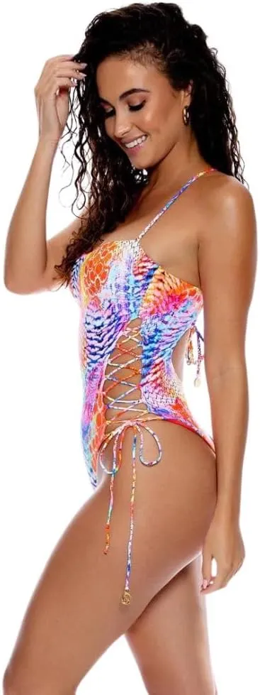 Luli Fama Dancing Queen Square Neck Lace Up One Piece Swimsuit, Underwire Support, High Leg Cut, 80% Nylon, 20% Spandex