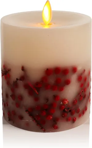 Luminara Embedded Flameless LED Candle - Red Berry 3.5" x 4.5" - Moving Flame Pillar Battery Operated Timer, Real Wax Unscented, Safe