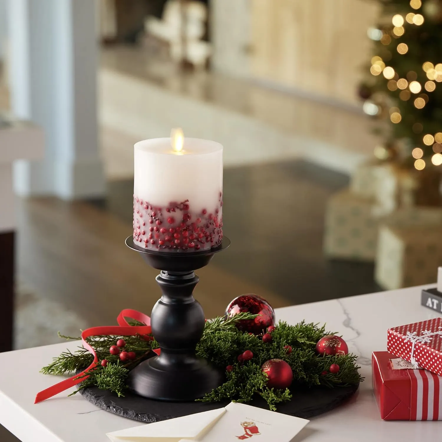 Luminara Embedded Flameless LED Candle - Red Berry 3.5" x 4.5" - Moving Flame Pillar Battery Operated Timer, Real Wax Unscented, Safe