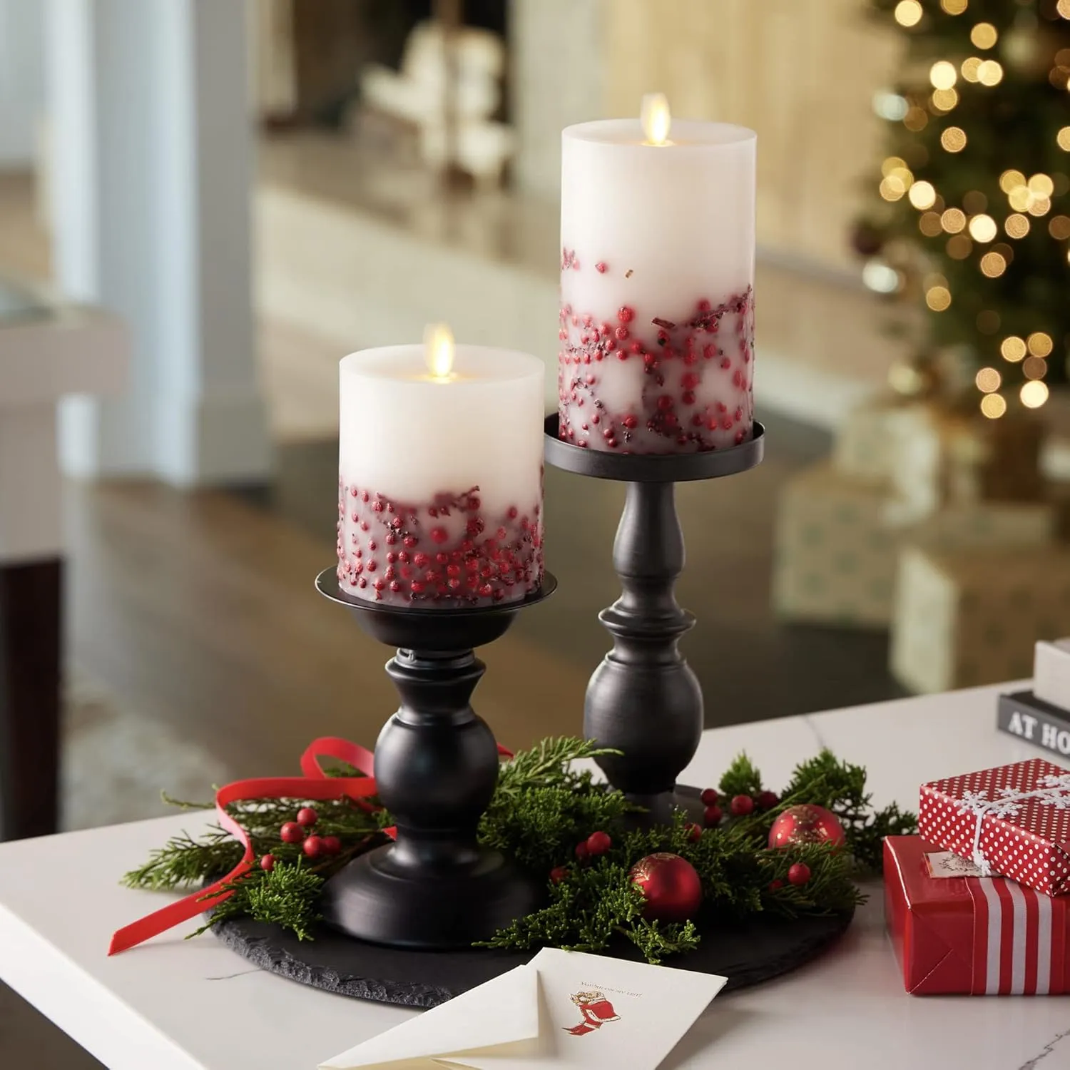 Luminara Embedded Flameless LED Candle - Red Berry 3.5" x 4.5" - Moving Flame Pillar Battery Operated Timer, Real Wax Unscented, Safe