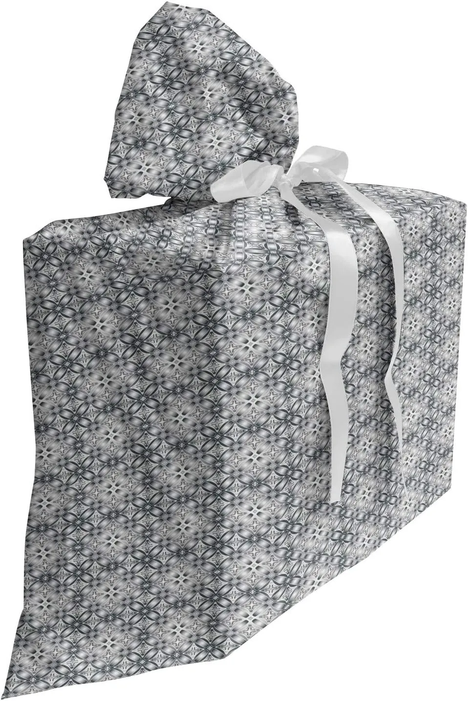 Lunarable Abstract Fabric Gift Bag, Vintage Style Demonstration of Connected Flower Like Elements, Present Sack for Parties Birthdays with 3 Ribbons, 27, Dark Grey and Pale Eggshell