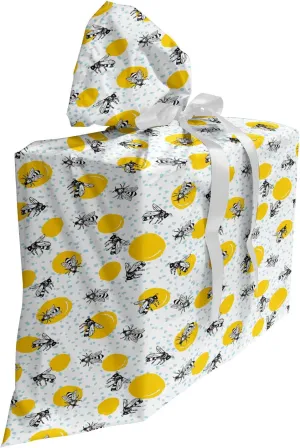 Lunarable Bees Gift Bag, Continous Queen Animals Hardworker Flower Nectar Sketchy Dots, Fabric Party Favor Pouch with 3 Ribbons, 27, Pale Blue Earth Yellow