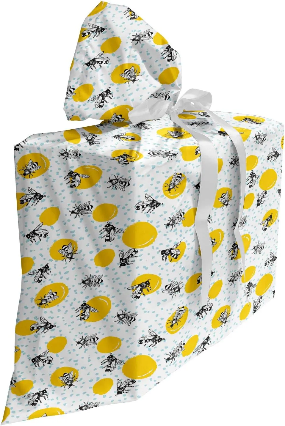 Lunarable Bees Gift Bag, Continous Queen Animals Hardworker Flower Nectar Sketchy Dots, Fabric Party Favor Pouch with 3 Ribbons, 27, Pale Blue Earth Yellow
