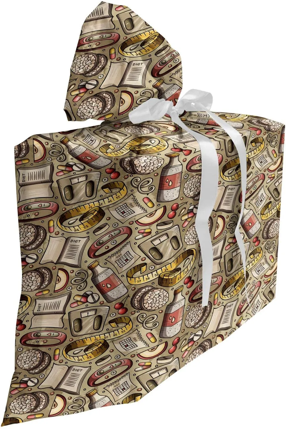 Lunarable Body Care Fabric Gift Bag, Weight Loss Diet Theme with Detox Plan Exercise Healthy Snacks Calories, Present Sack for Parties Birthdays with 3 Ribbons, 27, Cocoa Coral Mustard