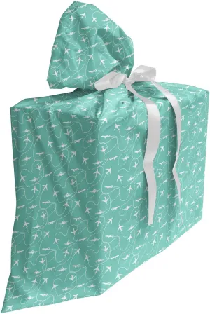 Lunarable Contemporary Fabric Gift Bag, Travel Around the World Planes Flight Paths Journey Themed Illustration, Present Sack for Parties Birthdays with 3 Ribbons, 27, Mint Green White