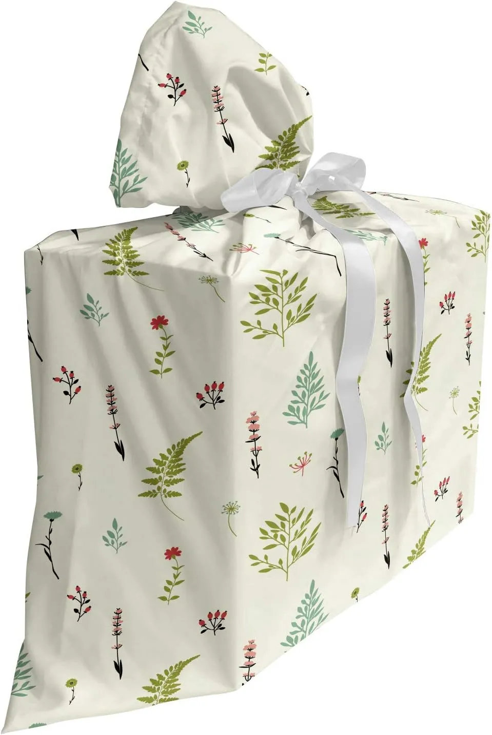 Lunarable Garden Gift Bag, Fern Iris Dandelion Lily Mimosa Pastel Romantic Classic Blooms and Leaves Print, Fabric Party Favor Pouch with 3 Ribbons, 27, Multicolor