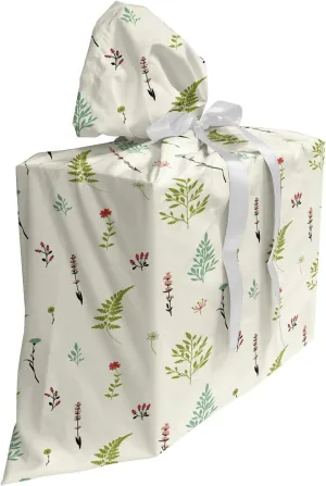 Lunarable Garden Gift Bag, Fern Iris Dandelion Lily Mimosa Pastel Romantic Classic Blooms and Leaves Print, Fabric Party Favor Pouch with 3 Ribbons, 27, Multicolor