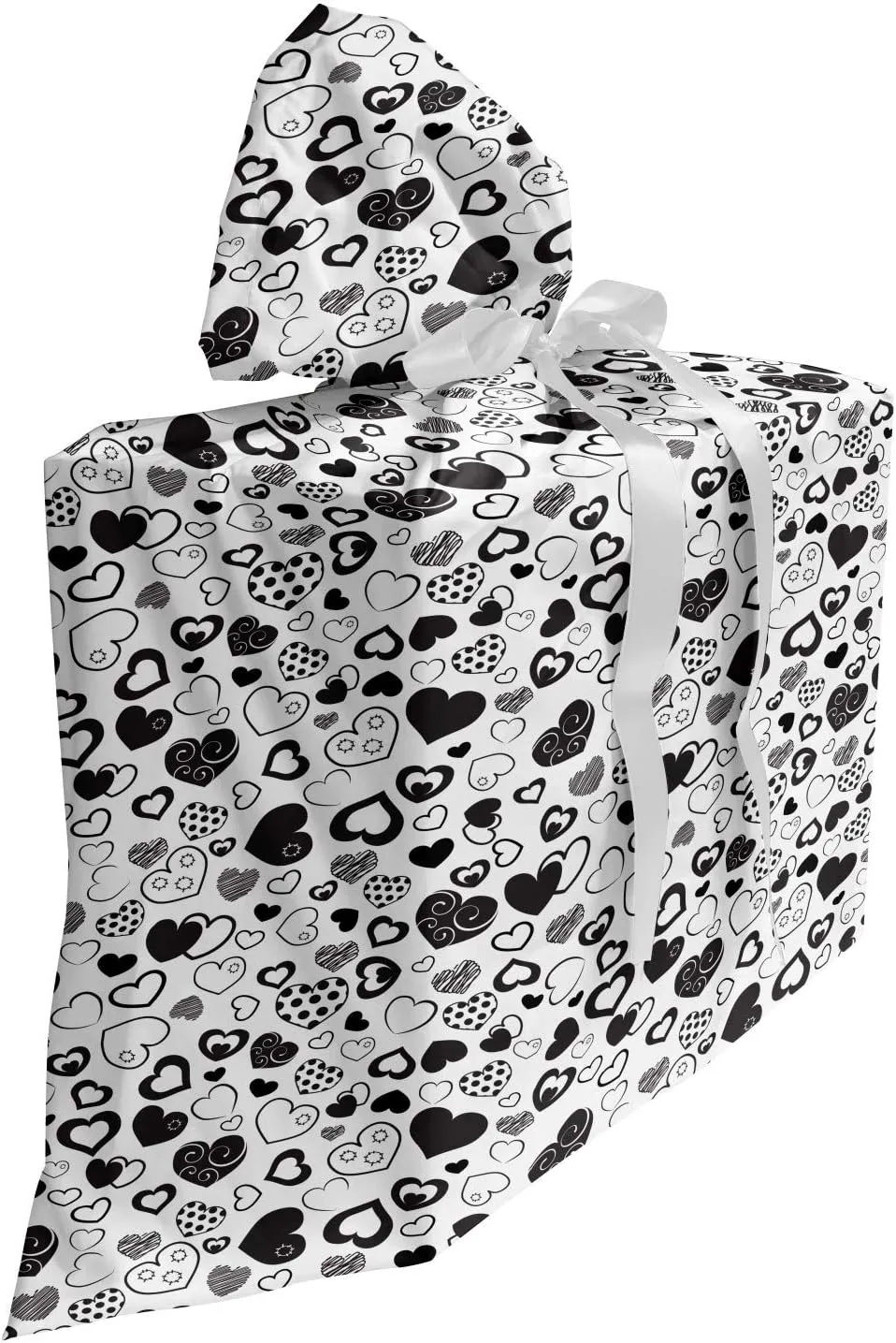 Lunarable Hearts Fabric Gift Bag, Monochrome Love Theme with Various Art Styles Swirls Polka Dots Lines Scars, Present Sack for Parties Birthdays with 3 Ribbons, 27, Black White