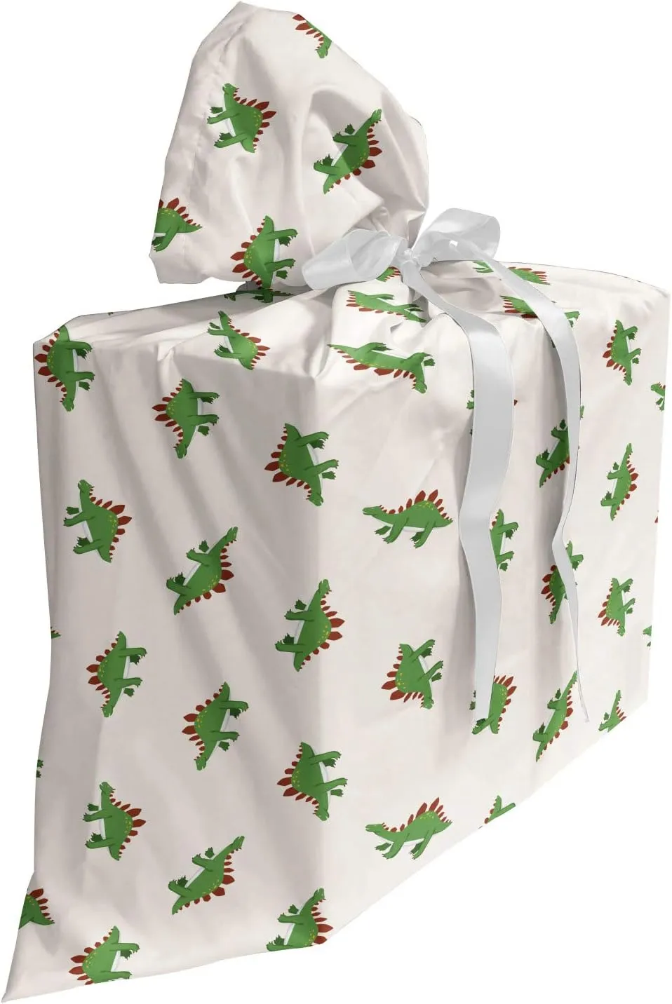 Lunarable Jurassic Fabric Gift Bag, Stegosaurus Dinosaur Prehistoric Herbivorous Reptiles Extinct Animals, Present Sack for Parties Birthdays with 3 Ribbons, 27, Fern Green Ruby Beige
