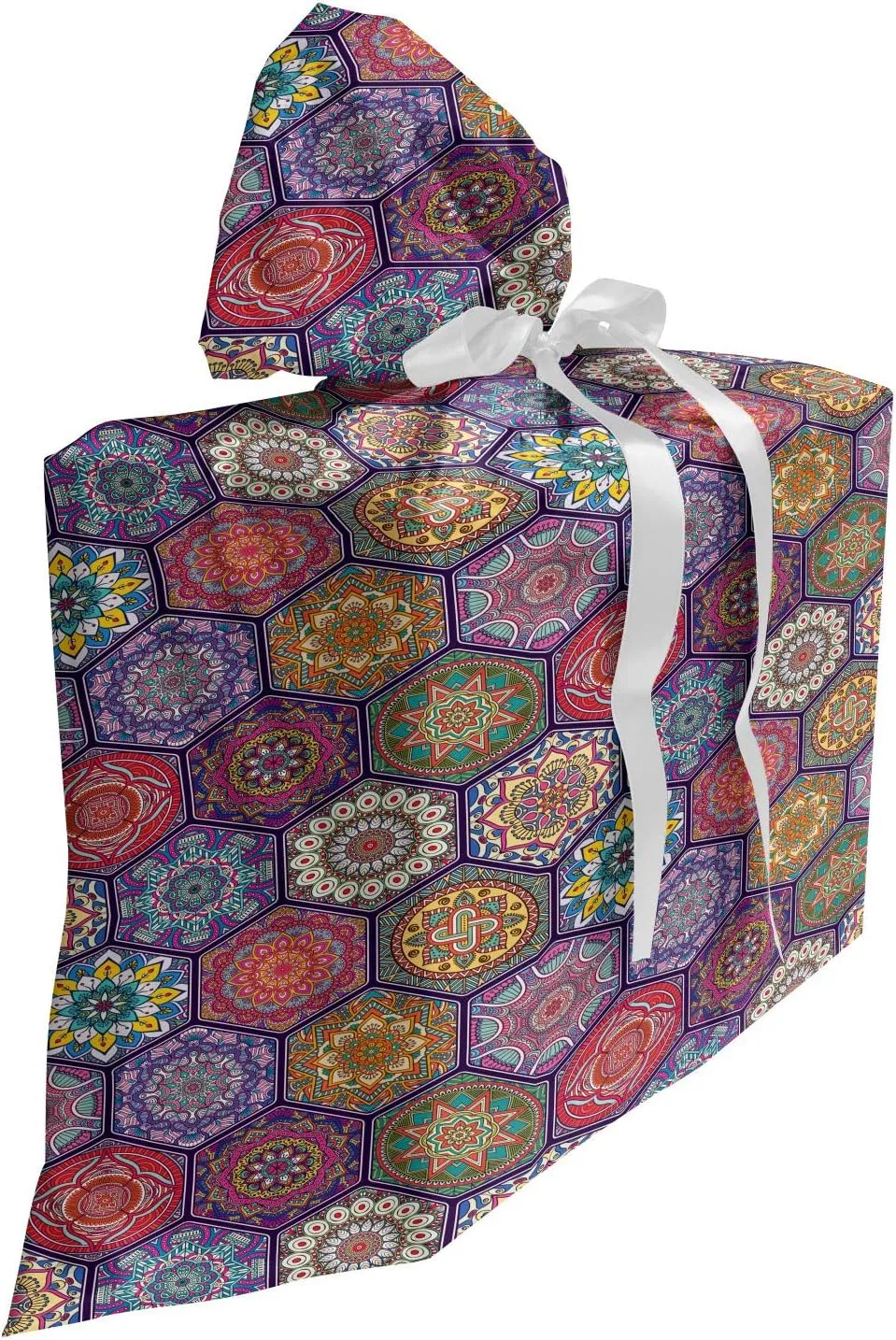Lunarable Medallion Fabric Gift Bag, Hexagon Pattern with Orient Cultural Arrangement and Antique Flowers, Present Sack for Parties Birthdays with 3 Ribbons, 27, Multicolor