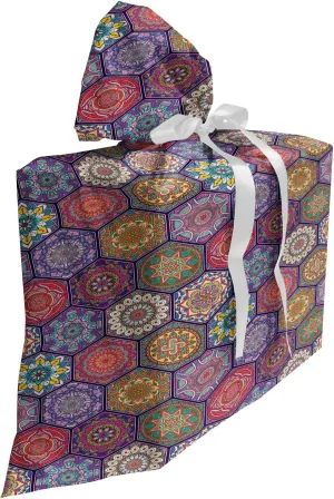 Lunarable Medallion Fabric Gift Bag, Hexagon Pattern with Orient Cultural Arrangement and Antique Flowers, Present Sack for Parties Birthdays with 3 Ribbons, 27, Multicolor
