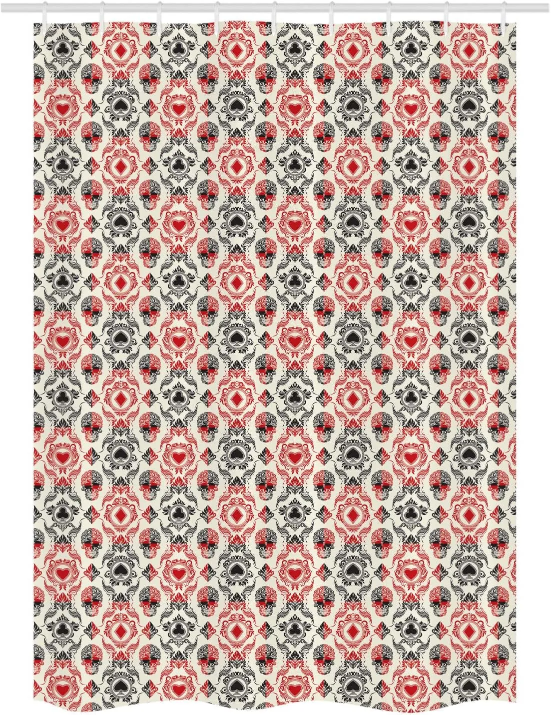 Lunarable Skull Stall Shower Curtain, Playing Card Themed Skeleton Head Ace of Spades Diamonds Hearts Victorian, Decorative Fabric Set with Hooks for Bathroom, 54" W x 78" L, Vermilion Black Cream
