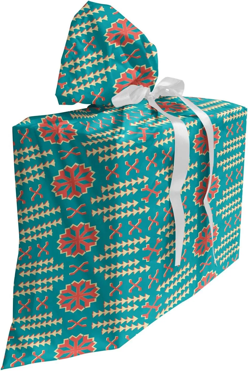 Lunarable Tribal Gift Bag, Rhythmic Modern Snowflake in Retro Style Cultural Art Demonstration, Fabric Party Favor Pouch with 3 Ribbons, 27, Burnt Sienna and Seafoam