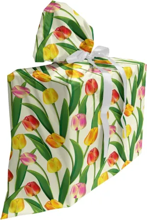 Lunarable Tulip Fabric Gift Bag, Repetition of Tangled Yellow Tulips with Foliage Graceful Graphic Tile Style Design, Present Sack for Parties Birthdays with 3 Ribbons, 27, Multicolor