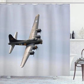 Lunarable Airplane Shower Curtain, Memphis Belle Boeing B17 Flying Over Shoreham Retro Airfield Technology Image, Cloth Fabric Bathroom Decor Set with Hooks, 105" Extra Wide, Pale Purpleblue