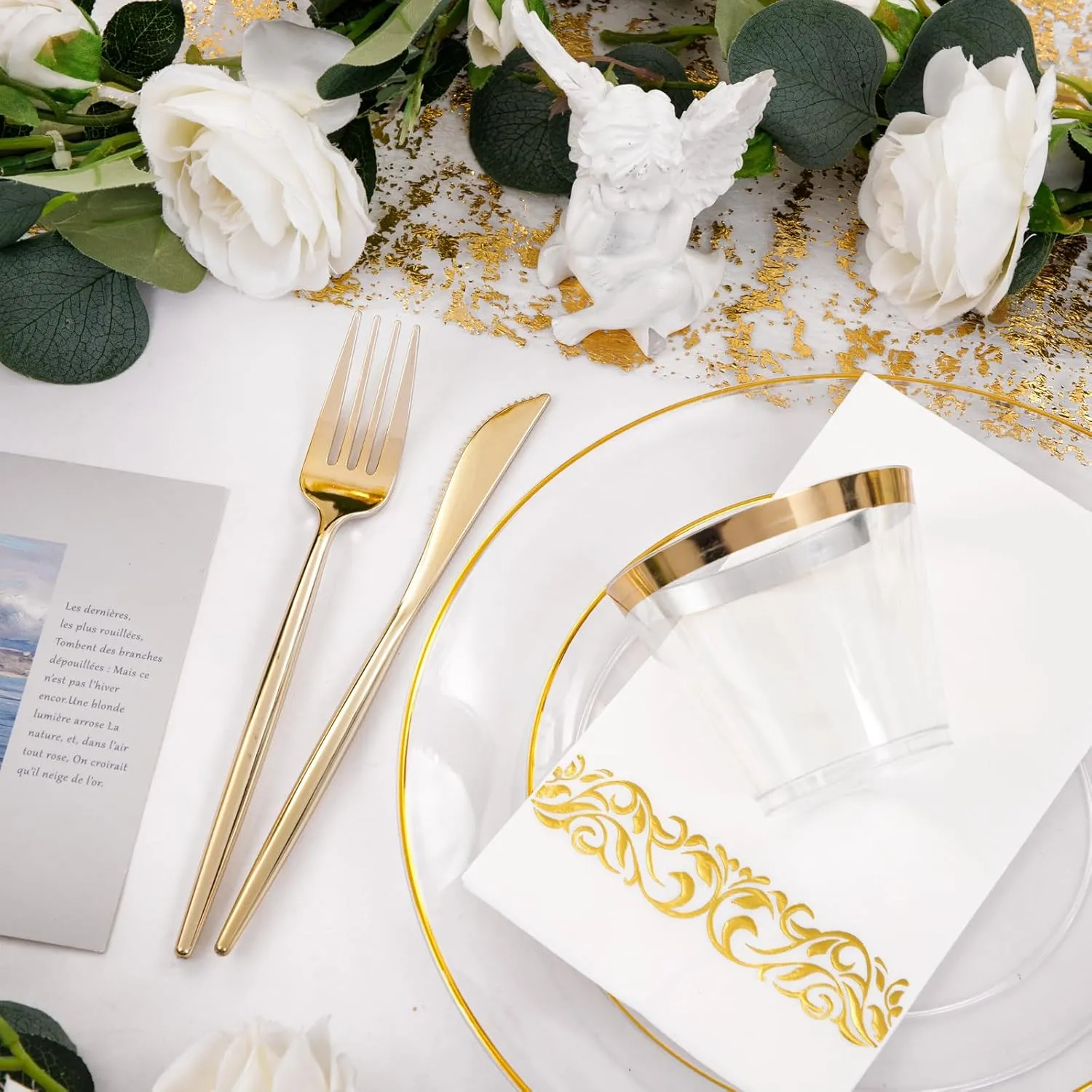 LUODA 210Pcs Clear and Gold Plates for 30 Guests, Plastic Plates for Party, Includes:30 Gold Dinner Plates, 30 Gold Dessert Plates, 30 Paper Towels with 90 Silverware & 30 Cups MirthMood