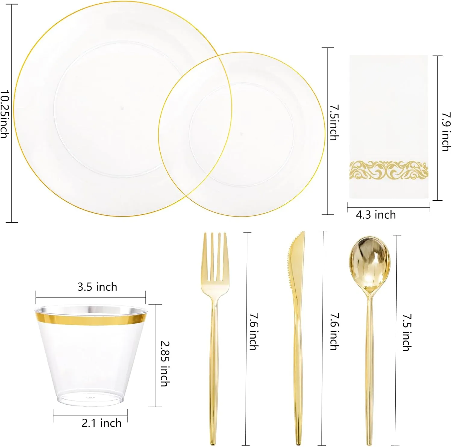 LUODA 210Pcs Clear and Gold Plates for 30 Guests, Plastic Plates for Party, Includes:30 Gold Dinner Plates, 30 Gold Dessert Plates, 30 Paper Towels with 90 Silverware & 30 Cups MirthMood