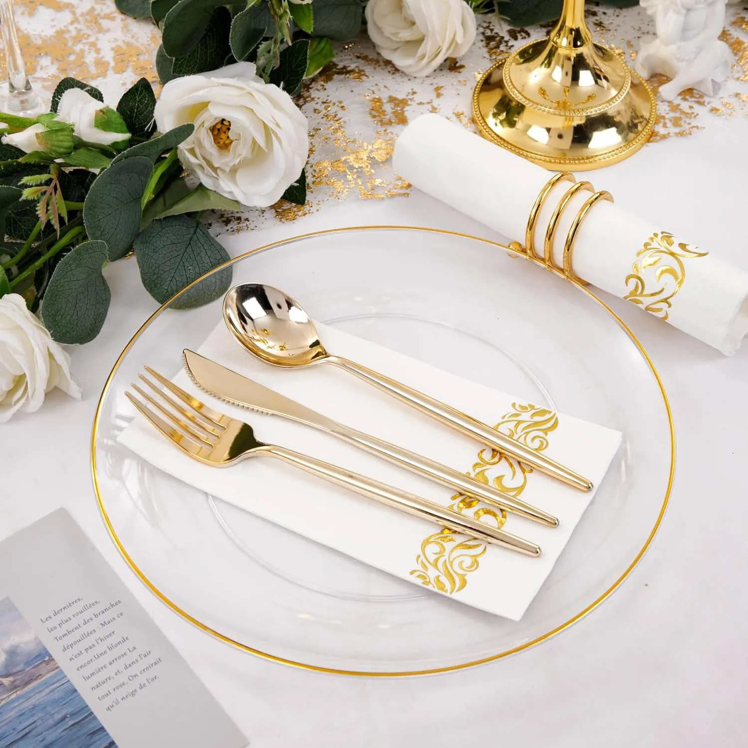 LUODA 210Pcs Clear and Gold Plates for 30 Guests, Plastic Plates for Party, Includes:30 Gold Dinner Plates, 30 Gold Dessert Plates, 30 Paper Towels with 90 Silverware & 30 Cups MirthMood