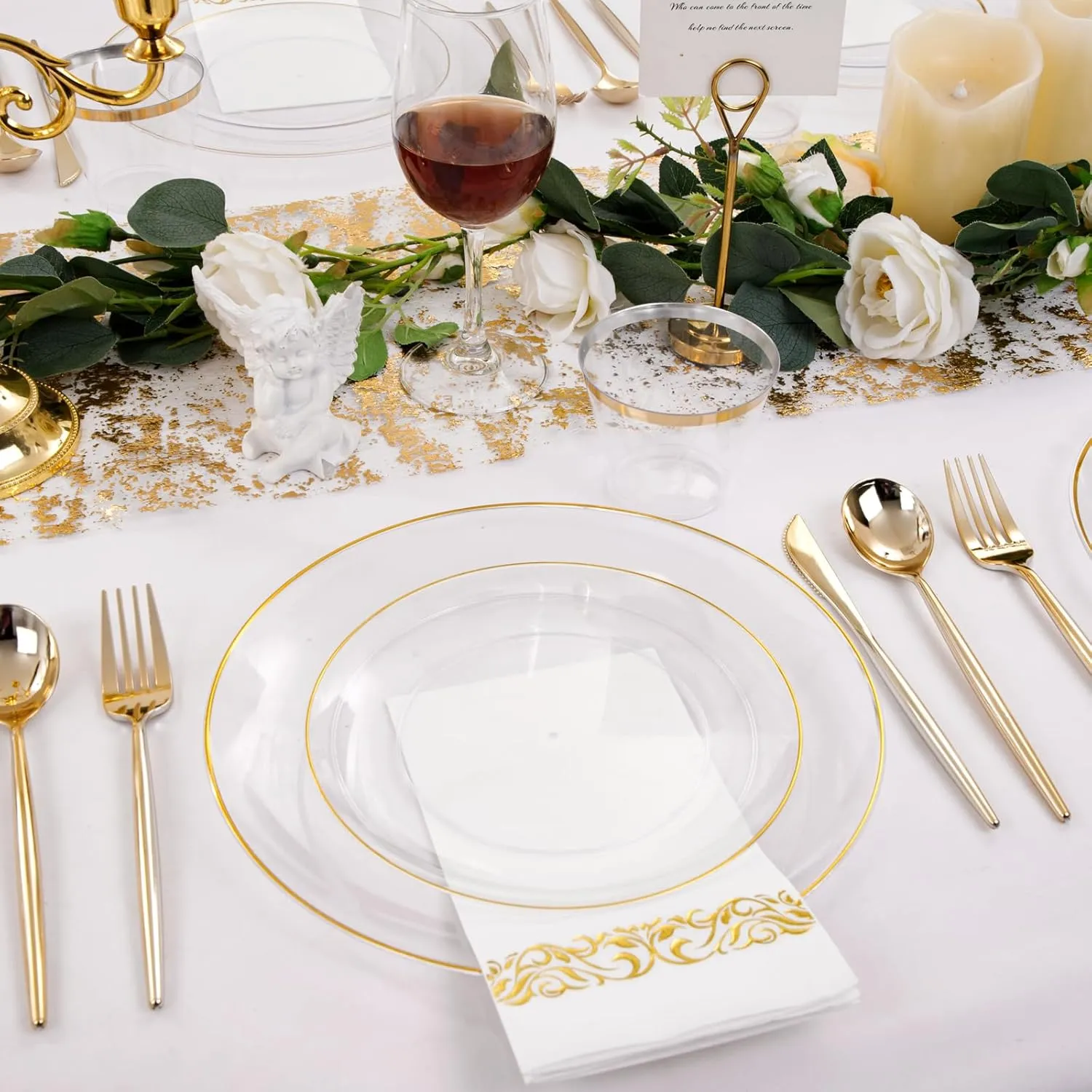 LUODA 210Pcs Clear and Gold Plates for 30 Guests, Plastic Plates for Party, Includes:30 Gold Dinner Plates, 30 Gold Dessert Plates, 30 Paper Towels with 90 Silverware & 30 Cups MirthMood