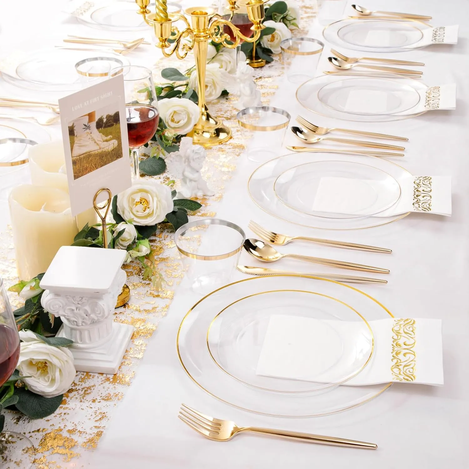 LUODA 210Pcs Clear and Gold Plates for 30 Guests, Plastic Plates for Party, Includes:30 Gold Dinner Plates, 30 Gold Dessert Plates, 30 Paper Towels with 90 Silverware & 30 Cups MirthMood