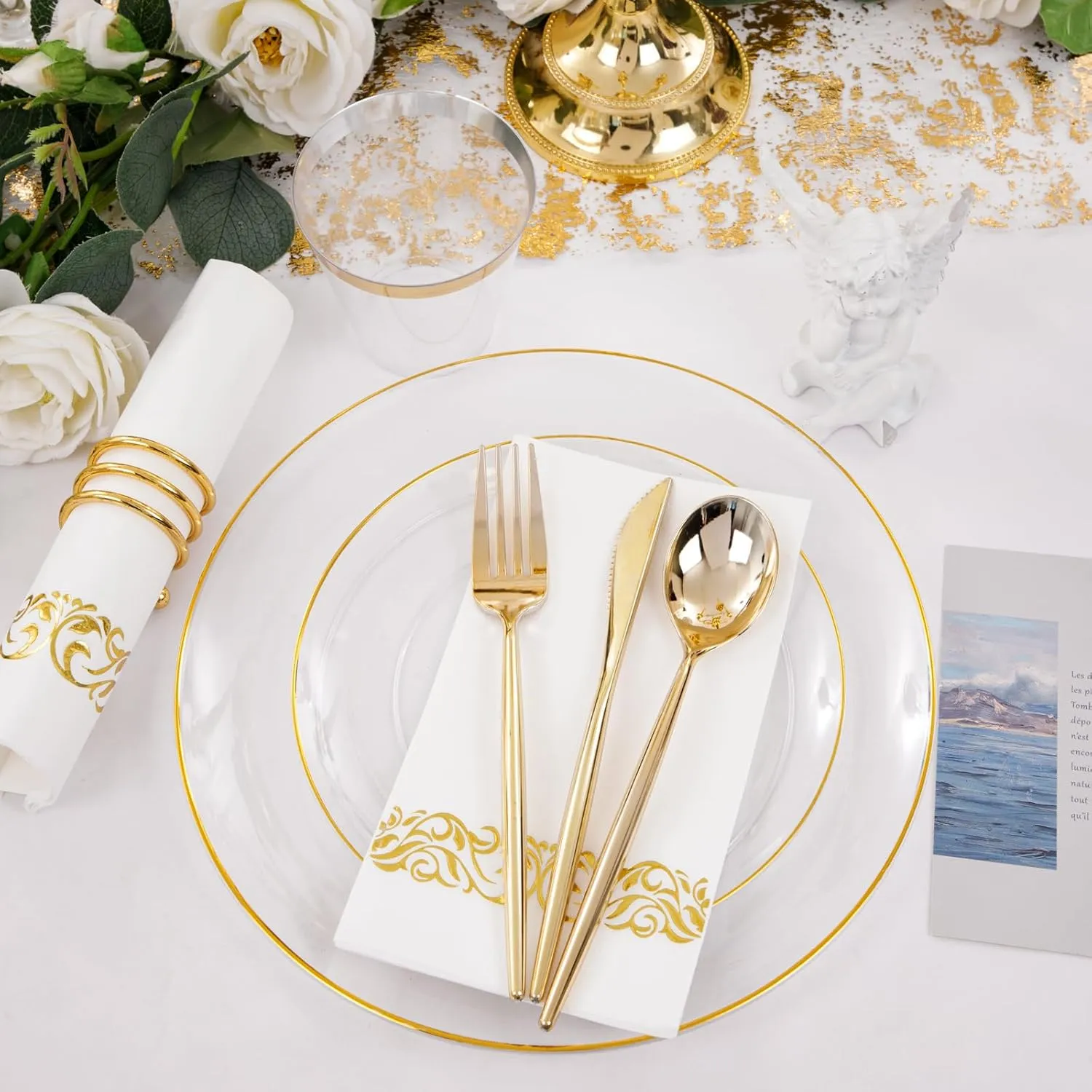 LUODA 210Pcs Clear and Gold Plates for 30 Guests, Plastic Plates for Party, Includes:30 Gold Dinner Plates, 30 Gold Dessert Plates, 30 Paper Towels with 90 Silverware & 30 Cups MirthMood
