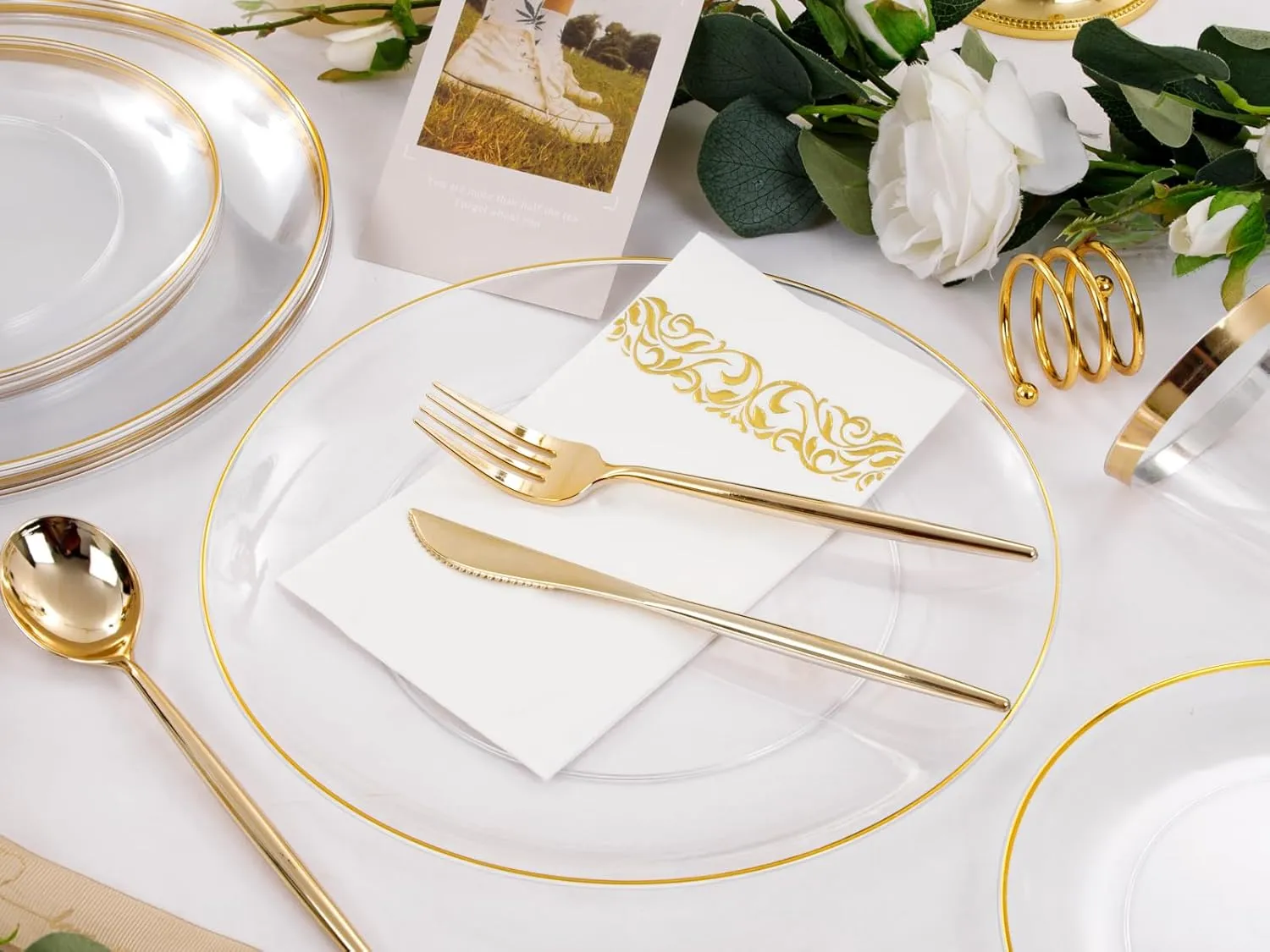 LUODA 210Pcs Clear and Gold Plates for 30 Guests, Plastic Plates for Party, Includes:30 Gold Dinner Plates, 30 Gold Dessert Plates, 30 Paper Towels with 90 Silverware & 30 Cups MirthMood