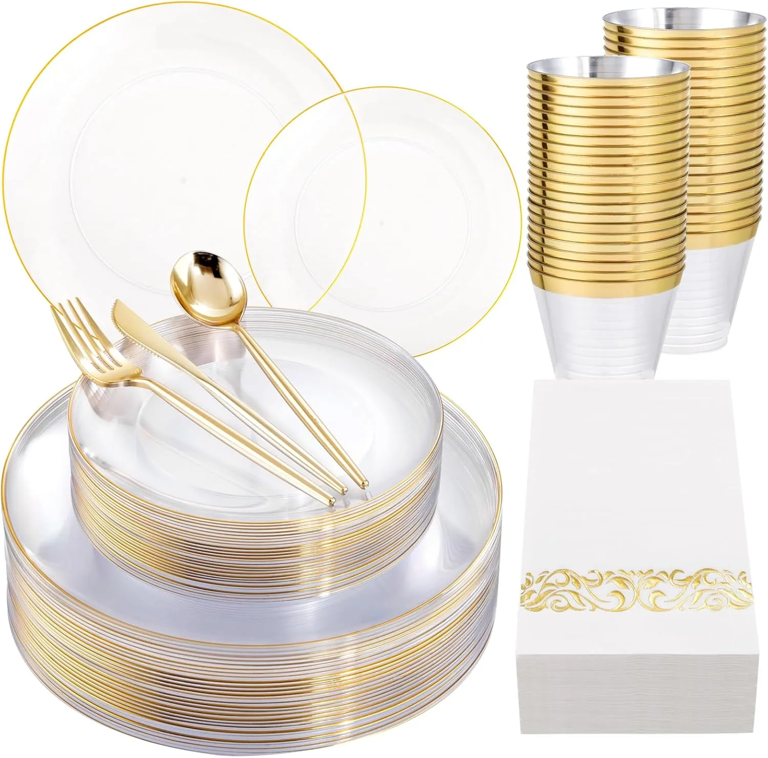 LUODA 210Pcs Clear and Gold Plates for 30 Guests, Plastic Plates for Party, Includes:30 Gold Dinner Plates, 30 Gold Dessert Plates, 30 Paper Towels with 90 Silverware & 30 Cups MirthMood