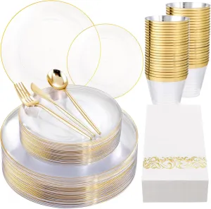 LUODA 210Pcs Clear and Gold Plates for 30 Guests, Plastic Plates for Party, Includes:30 Gold Dinner Plates, 30 Gold Dessert Plates, 30 Paper Towels with 90 Silverware & 30 Cups MirthMood