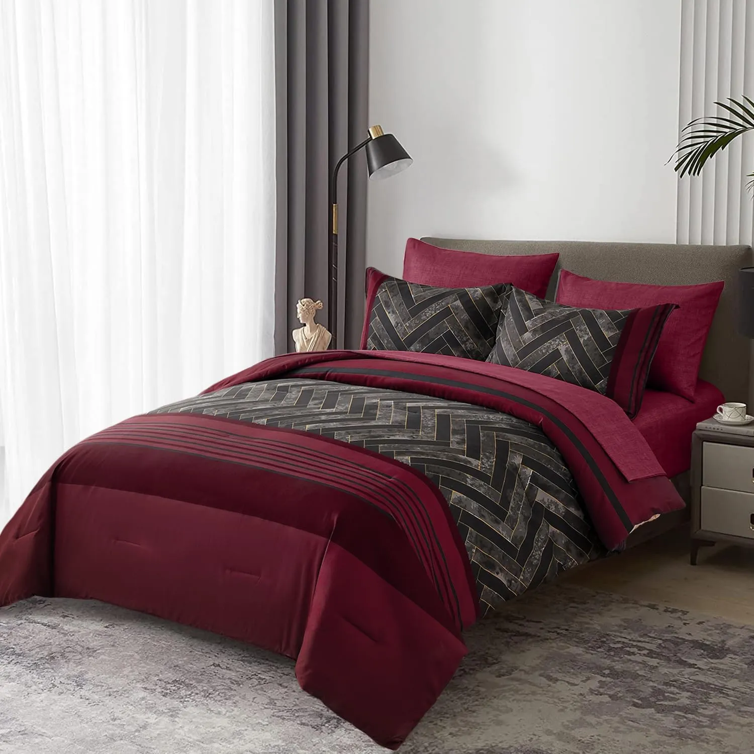 Luxudecor Burgundy Comforter Set King Size 7 Pieces Red and Black Stripe Bed in a Bag Geometric Comforter and Sheet Set, Soft Microfiber Complete Bedding Sets for All Seasons