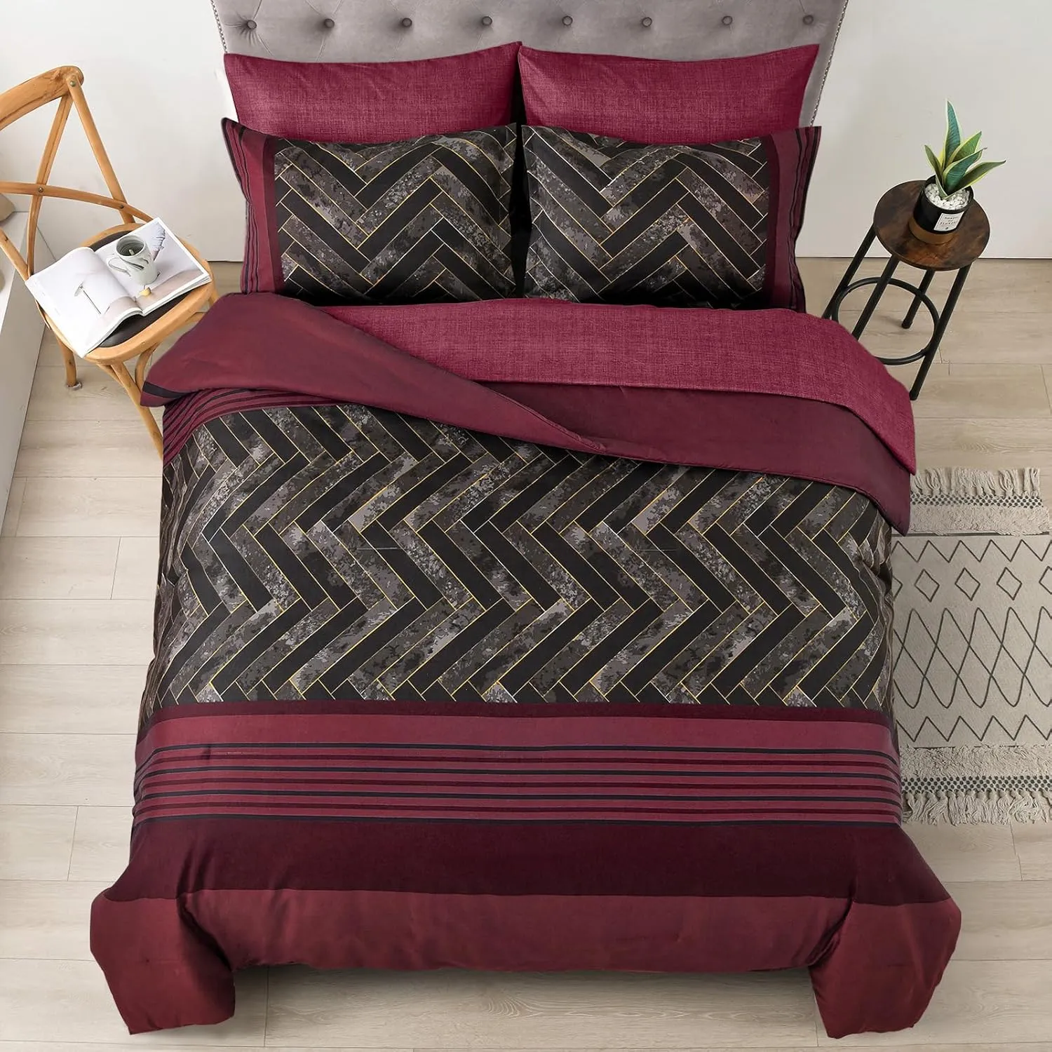 Luxudecor Burgundy Comforter Set King Size 7 Pieces Red and Black Stripe Bed in a Bag Geometric Comforter and Sheet Set, Soft Microfiber Complete Bedding Sets for All Seasons