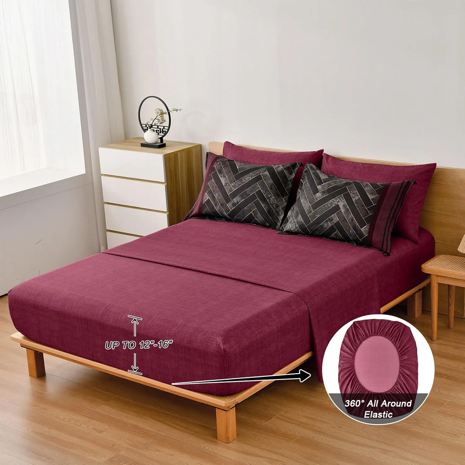 Luxudecor Burgundy Comforter Set King Size 7 Pieces Red and Black Stripe Bed in a Bag Geometric Comforter and Sheet Set, Soft Microfiber Complete Bedding Sets for All Seasons
