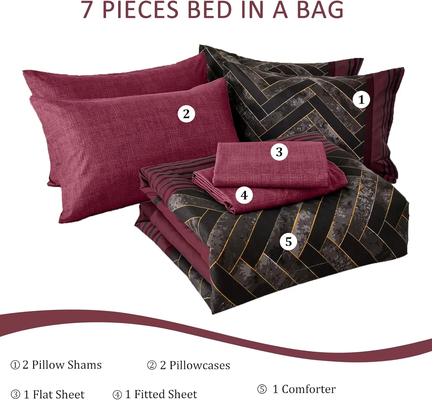 Luxudecor Burgundy Comforter Set King Size 7 Pieces Red and Black Stripe Bed in a Bag Geometric Comforter and Sheet Set, Soft Microfiber Complete Bedding Sets for All Seasons